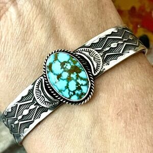 Navajo Turquoise Cuff Bracelet Sunshine Reeves 6.5in Signed 29g Hand Stamped USA
